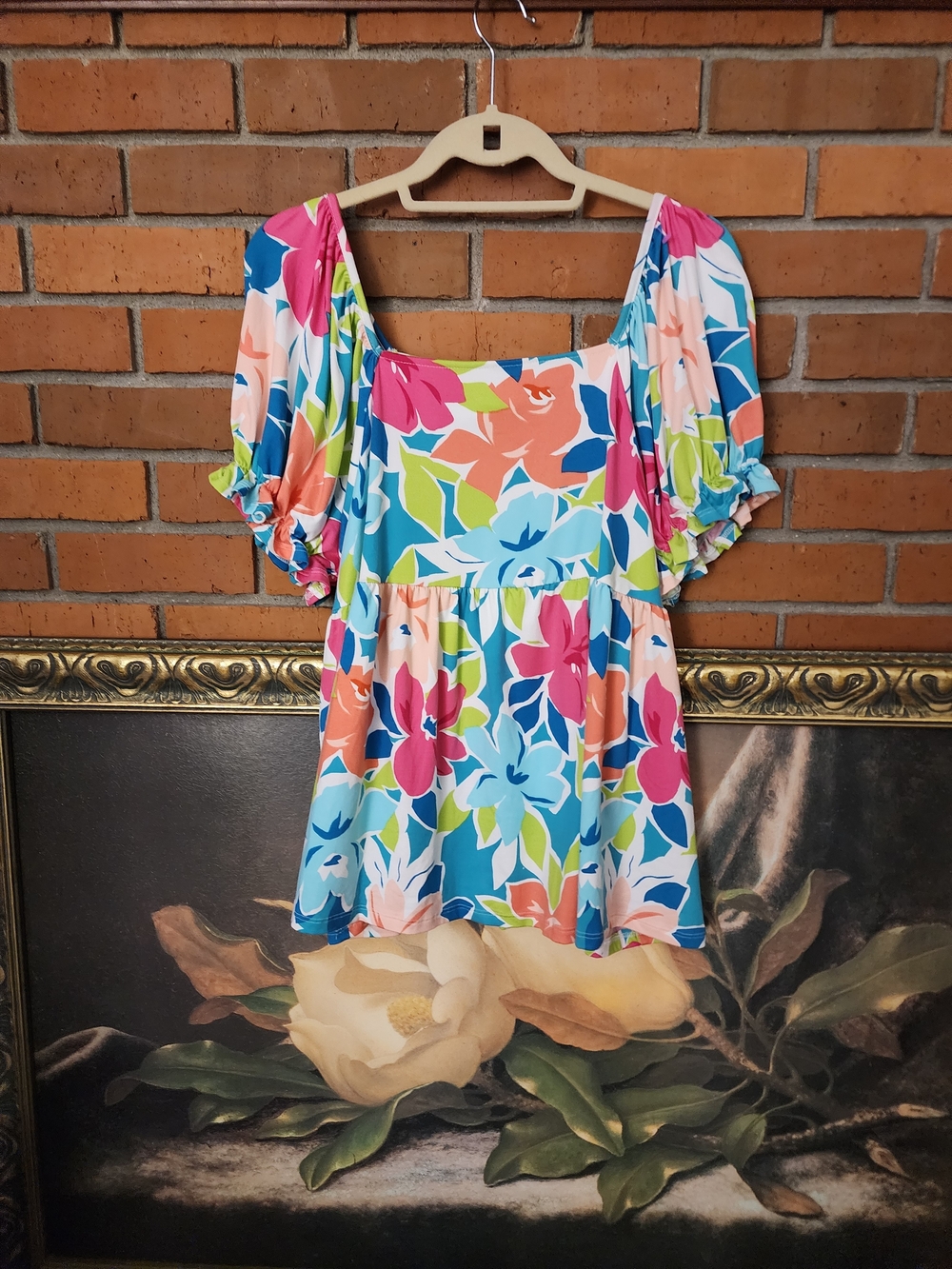 Emerald Floral Square-Neck Peplum Top in Blue, Pink & Coral 1x